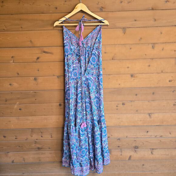 OPC Silk Dress Maxi Beach Paisley Open Back Tie Neck Summer Flowy Tassle Boho - Picture 2 of 6